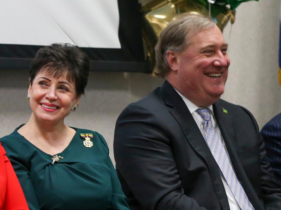 New Orleans Saints and Pelicans President Dennis Lauscha (RIGHT) sits next to the Saints and Pelicans owner Gayle Benson (LEFT) at the groundbreaking ceremony for the Gayle and Tom Benson Athletic Complex at Delgado Community College. Lauscha got his masters of buisness administration at Loyola. Layne Murdoch Jr./New Orleans Saints