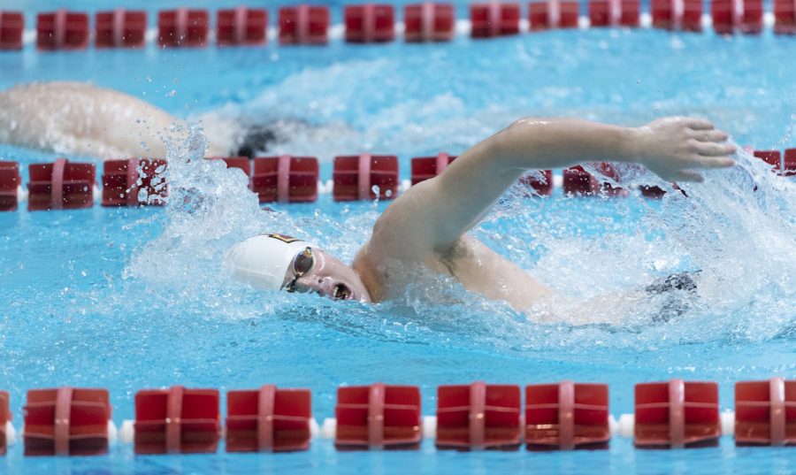 Sophomore Jack Johnson swims during an NAIA competition. The swim teams next contest is Feb. 6-8. Courtesy of loyolawolfpack.com.