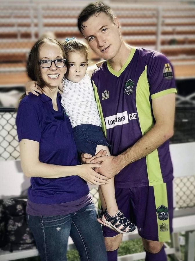 New Orleans Jesters soccer player Igor Shishcov poses with his wife, Julia and his daughter Alina. The Jesters season was cancelled due to the COVID-19 outbreak. Courtesy of Igor Shishcov