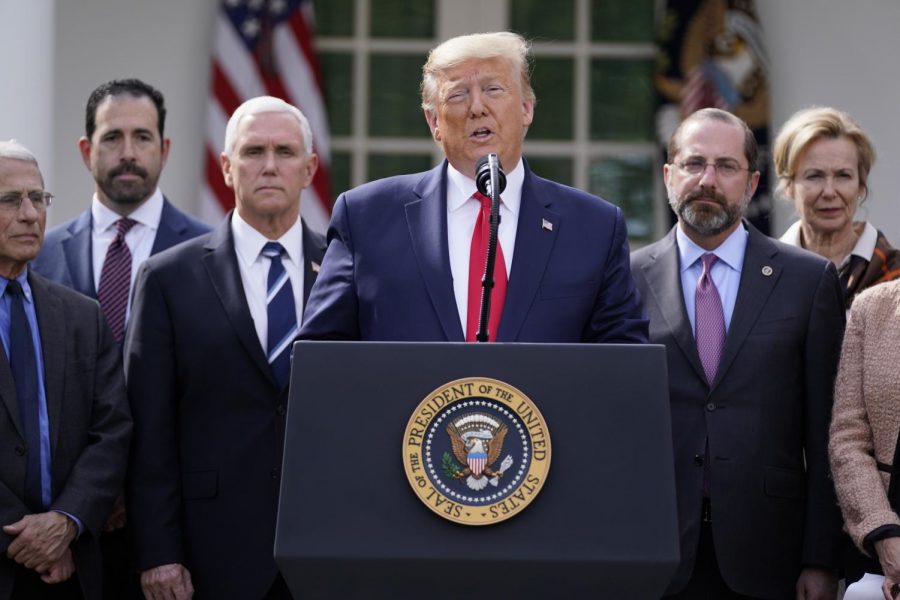 President Donald Trump announces a national emergency due to COVID-19 during a news conference about the coronavirus in the Rose Garden of the White House, Friday, March 13, 2020, in Washington.