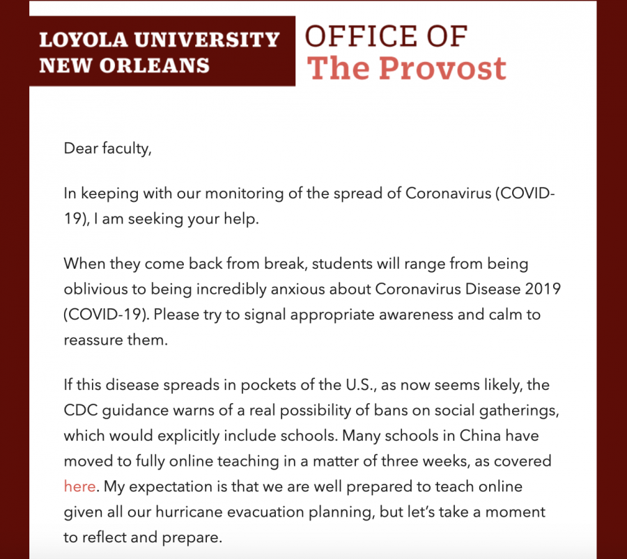 Loyola sent out an email to faculty and staff with its plan to move all classes online on Blackboard should a possible outbreak occur. If there is a suspected case of the coronavirus, Calzada said that the first step the university would take before making any decision would be to consult with the Centers for Disease Control.