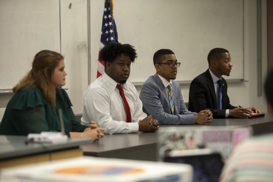 Emily McCrory, Tyler Sanchez, Derrick Ransom III, and Freedom Richardson all sit at the SGA president debate on March 3. The debate consisted of both questions asked by SGA and the student body. Photo credit: Cristian Orellana