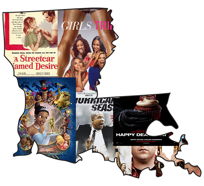 In the shape of the state of Louisiana, the posters of the films presented in the list fill up the state.