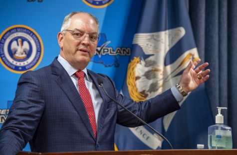 Gov. John Bel Edwards talks about the statewide stay-at-home order and what it takes to try and restart the economy while addressing steps being taken to fight the Coronavirus along with the status of cases in the state during a news conference at the GOHSEP Friday April 24, 2020, in Baton Rouge, La. (Bill Feig/The Advocate via AP, Pool)