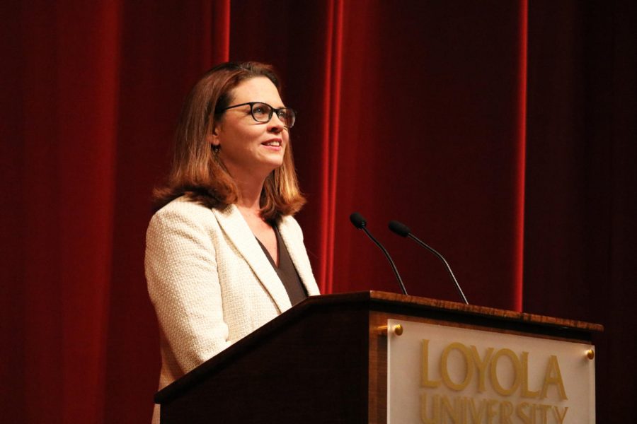 President Tania Tetlow addresses the Loyola community at the Presidents Convocation in 2018. Photo credit: Sidney Ovrom