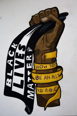 Clenched fist holding flag. There is ribbon wrapped around the arm.