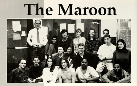 The Rev. Raymond A. Schroth, S.J., top left, poses with The Maroon staff for a yearbook photo in 1994. Schroth served as advisor for the Maroon and a journalism professor at Loyola from 1986 to 1996 (Wolf yearbook archives).