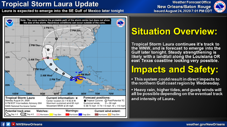 Predictions for Tropical Storm Laura from the National Weather Service estimate the storm may become a hurricane by the time it makes landfall later this week. Photo credit: National Weather Service