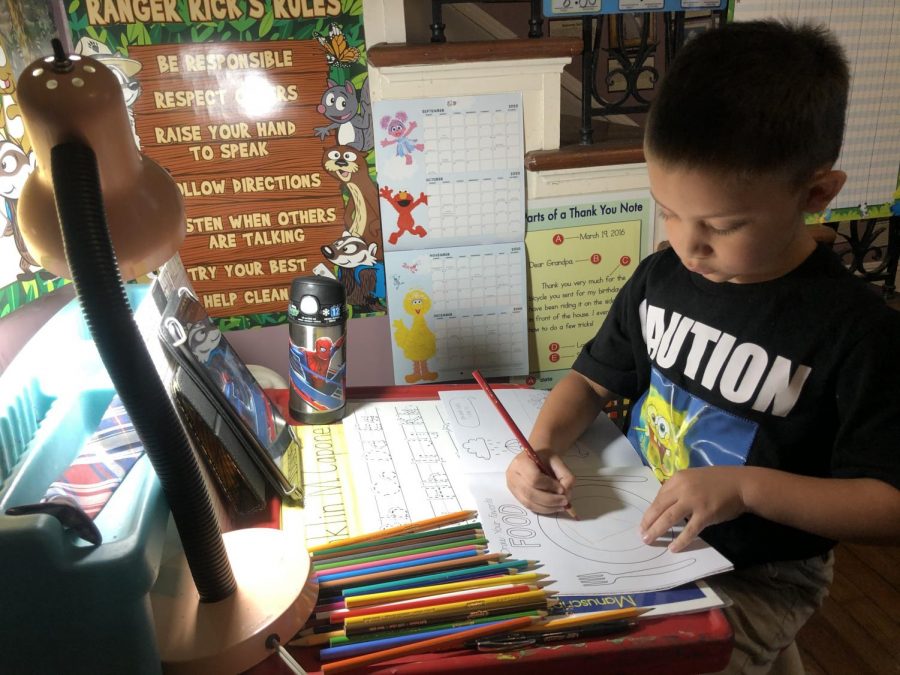 Megan Braden-Perrys six year old son works from home at his desk on schoolwork.