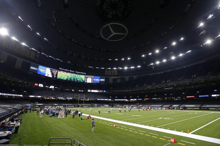 The New Orleans Saints and the Tampa Bay Buccaneers play in the Superdome without fans, due to the COVID-19 pandemic, in the first half of an NFL football game in New Orleans, Sunday, Sept. 13, 2020. (AP Photo/Butch Dill)