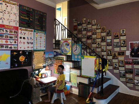 A child is surrounded by educational posters in his living room.