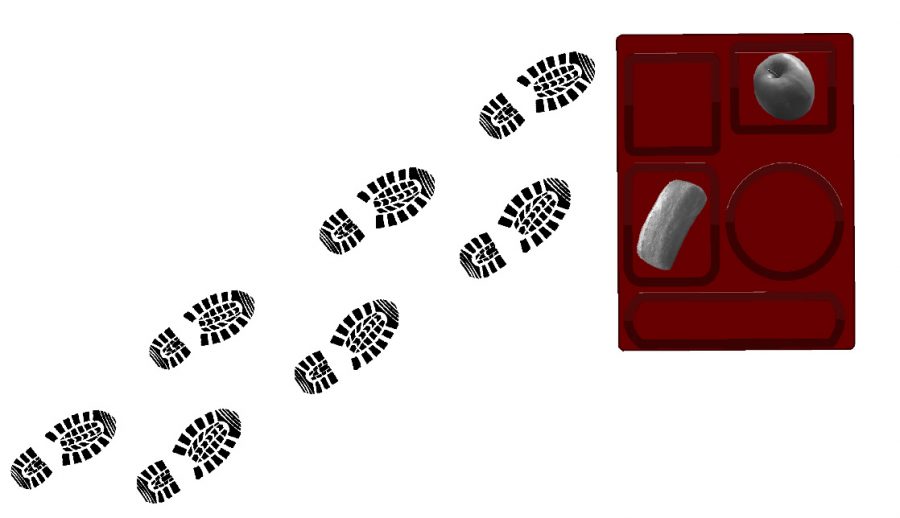 Clip art footsteps lead to a container of to-go food. Students in quarantine complained about not receiving enough food while in isolation.