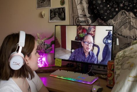 Psychology sophomore Constance Ward attends Dr. Alvaro Alcazar's Spirituality and Environment Class. Alcazar is one of many professors who has opted to teach completely online. Photo credit: Kylie Evans