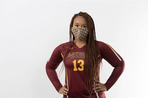 Wolf Pack volleyball player Dallis Brown poses with her mask on. Loyola's volleyball team had their season postponed to spring amid the COVID-19 pandemic. courtesy of Kyle Encar