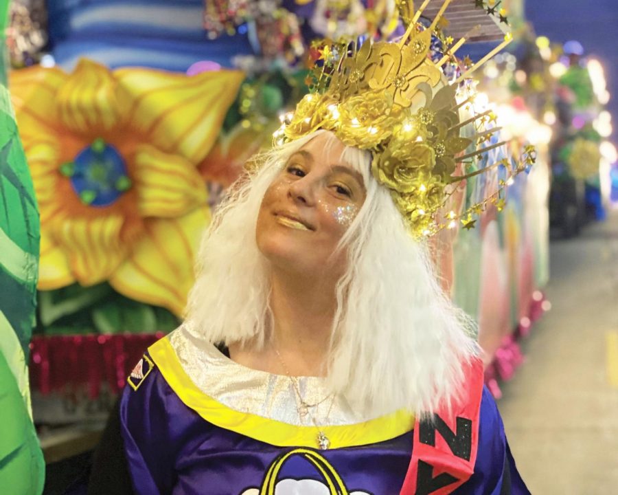 Loyola professor Lindsay Sproul stands beside her float in the Krewe of Nyx this Mardi Gras season. Sproul helped disband many members from the krewe after a leader posted an All Lives Matter post on Facebook. 
Courtesy of Lindsay Sproul