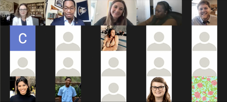 A screengrab of the virtual town hall hosted by the Student Government Association on Tuesday, Dec. 8. Students could submit questions to be answered by University President Tania Tetlow. Photo credit: Staff
