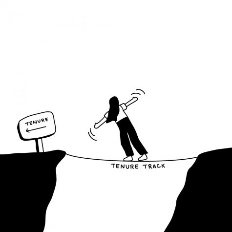 A drawing featuring a figure wobbling on a bridge labeled tenure track