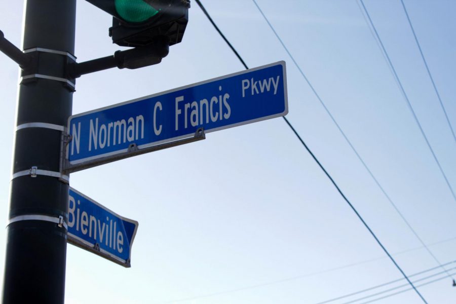 A street sign reads Norman C. Francis Parkway. The street name was changed from Jefferson Davis Parkway on January 1, 2021. Shadera Moore/The Maroon. Photo credit: Shadera Moore