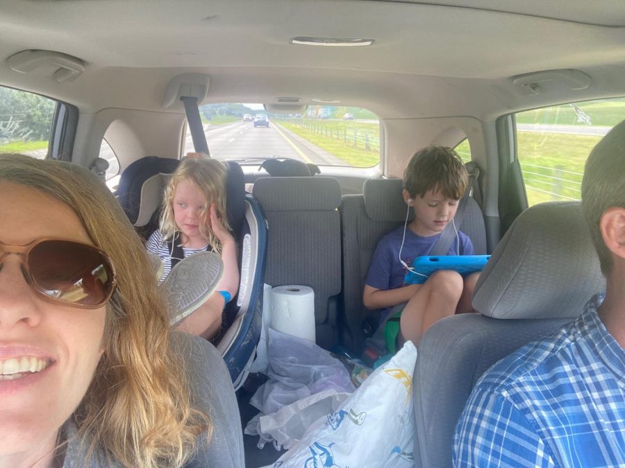 Elizabeth Rainey, director of the student success center, rides in the car with her husband, children, and dog to Birmingham. Rainey is one of many members of the Loyola community to leave town for Hurricane Ida.