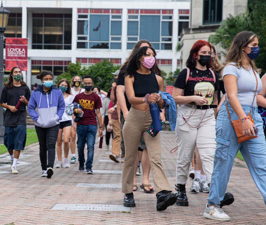 Freshmen students walk through campus during WolfPack Welcome on Aug. 18th, 2021.