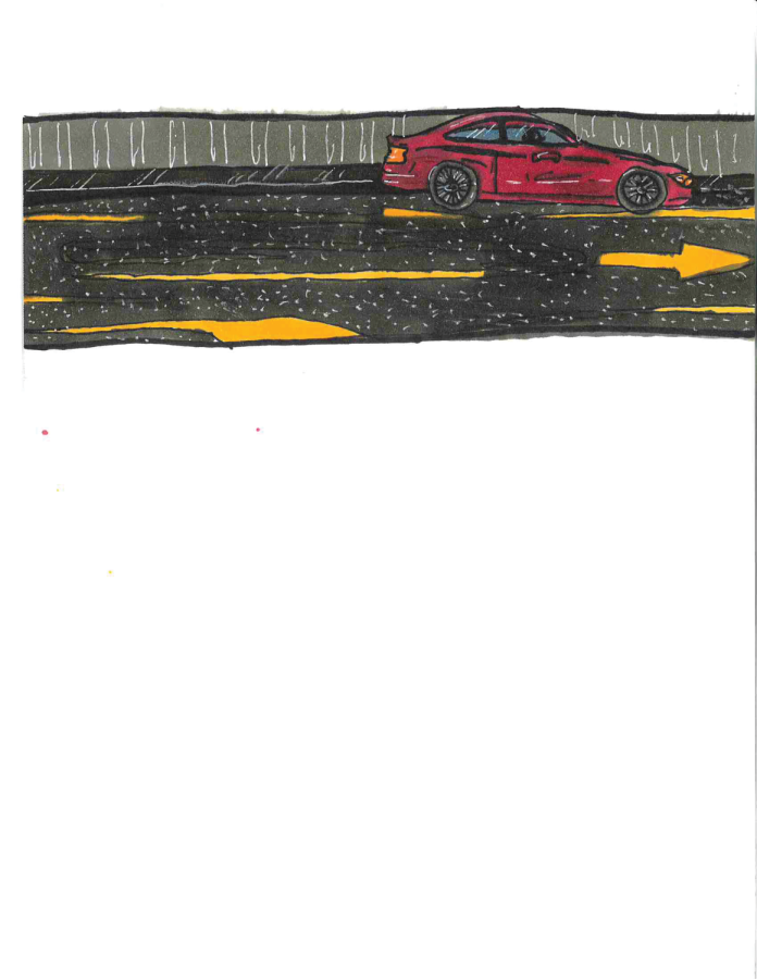 A drawing of Bergeons car is seen racing down the road after the student was carjacked