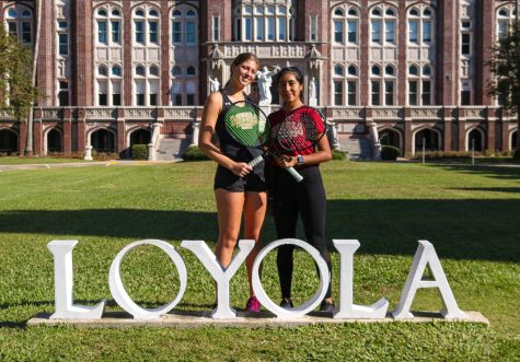 Sophomore Lucy Carpenter (left) and junior Fatima Vasquez (right) made Loyola program history as the first doubles team to compete in the Intercollegiate Tennis Association Cup.
