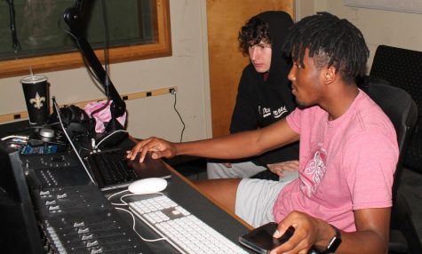 Freshmen Tavi Moddel and Aaron McFadden produce a track in a studio in the Communications and Music Complex on October 24, 2021.