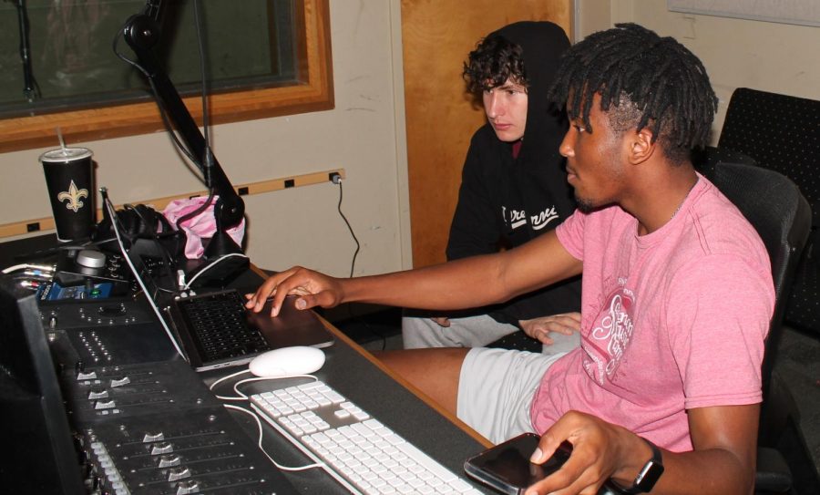 Freshmen Tavi Moddel and Aaron McFadden produce a track in a studio in the Communications and Music Complex on October 24, 2021. Both students frequently use the studio past midnight to collaborate and work on personal projects.