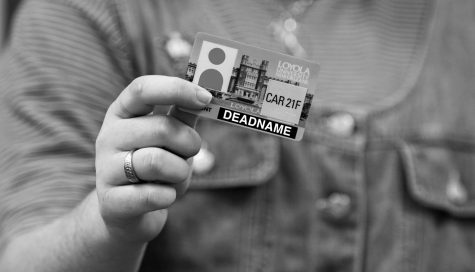 A photo illustration depicting a transgender student holding an ID with their deadname on it.
