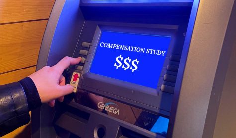 Photo illustration of an ATM with the words compensation study on the screen