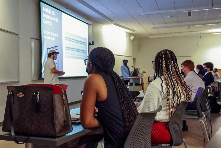 Senators listen to a presentation during an SGA senate meeting on Wednesday, Nov. 24, 2021 in Monroe Hall. SGA President and Vice President Deon Wilson and Tyler Sanchezs plans for SGA have been met with setbacks caused by Hurricane Ida.