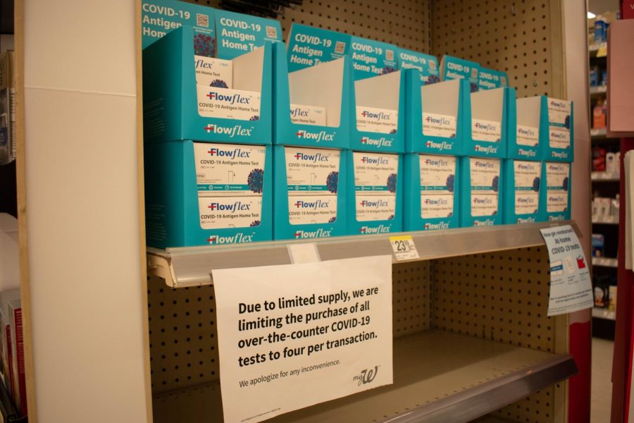A local pharmacy tells customers that at-home COVID-19 testing purchases are limited. Students at Loyola had a hard time getting tested before getting to campus this semester.
