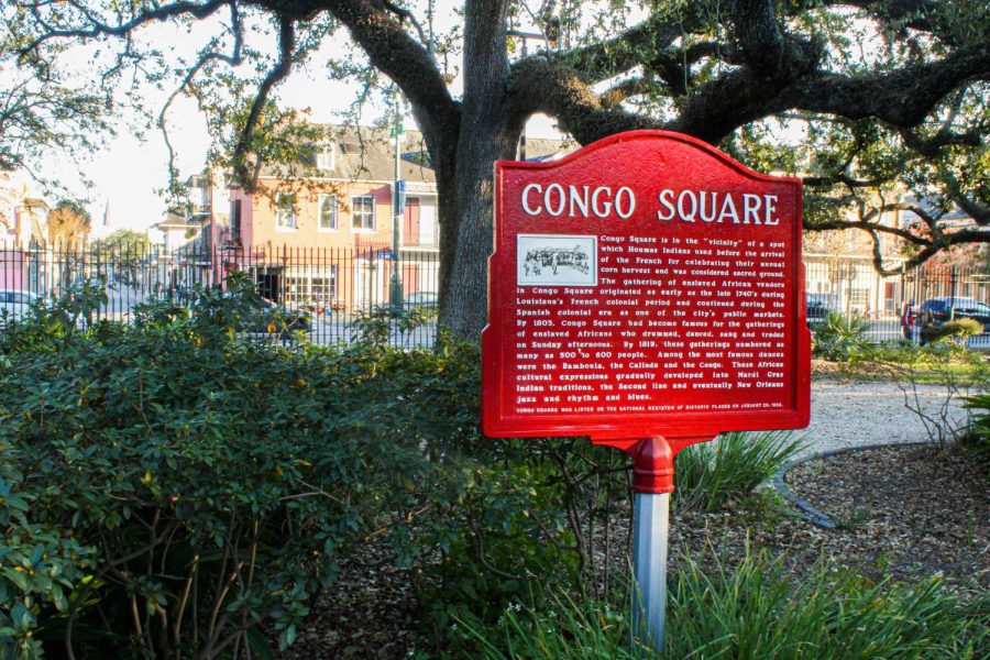 The Congo Square sign sits in the sun Sunday, Feb. 13. Beginning in the late 1600s, enslaved Africans used Congo Square to perform dances and play music that laid the groundwork for New Orleans' jazz and Mardi Gras traditions. 
