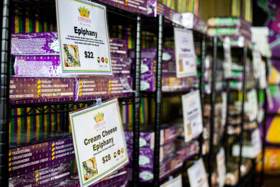 Epiphany brand king cakes are on display at the King Cake Hub in New Orleans on Feb.12, 2022.