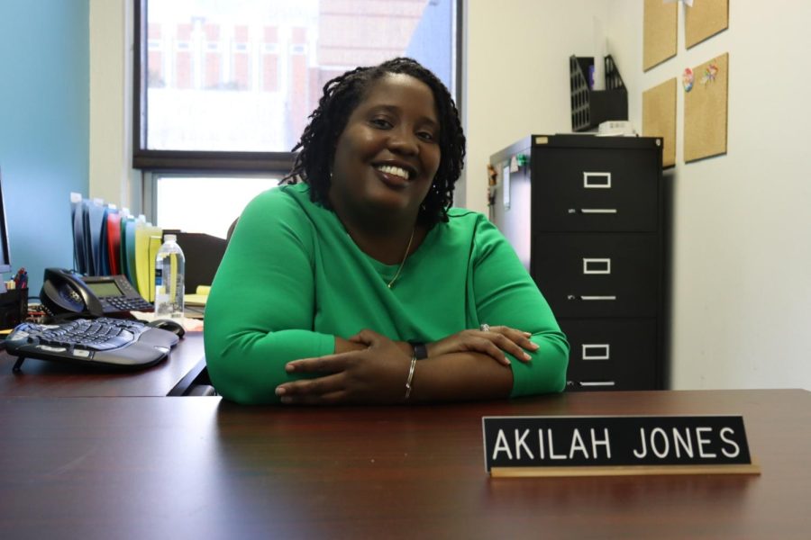 Akilah+Jones+sits+in+her+new+office+at+Loyola.+Jones+was+recently+hired+as+the+new+Director+of+Student+Conduct.