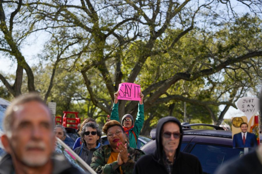 People attend a rally on the steps of city hall in St. Petersburg, Fla., on Saturday, March 12, 2022, to protest the controversial Dont say gay bill passed by Floridas Republican-led legislature and now on its way to Gov. Ron DeSantis desk. (Martha Asencio-Rhine/Tampa Bay Times via AP)