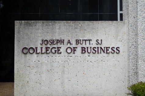 The College of Business sign on March 24, 2022. The College of Business recently reduced the credit requirements for their MBA program from 40 to 36 credit hours. 