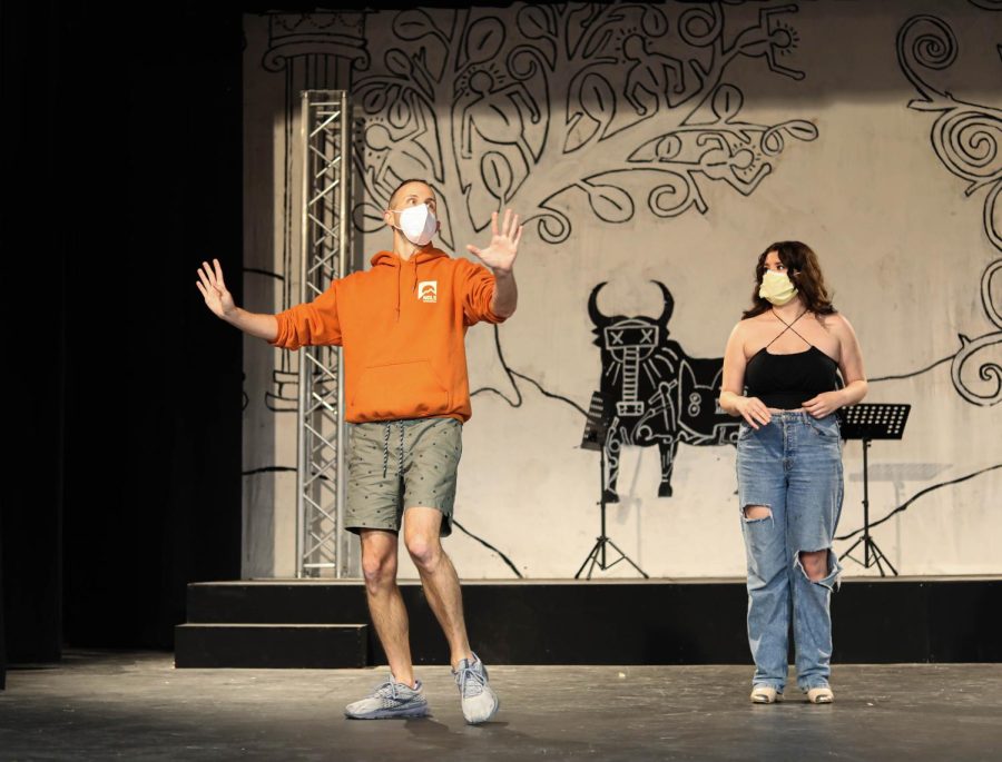 Director Hardy Weaver and a student practice for the spring production of Head Over Heels, March 15, 2022. Rehearsals for the show will be masked, though actors will perform unmasked. 