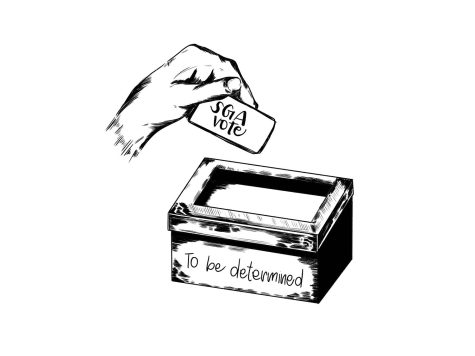 Hand places SGA ballot in an election box labeled To Be Determined