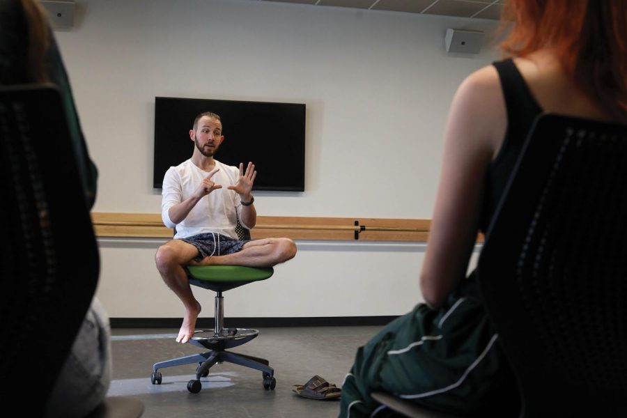 Professor Hardy Weaver leads a meditation group on May 3, 2022. Weaver uses Vedic meditation techniques to help de stress students.
