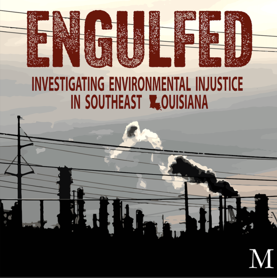 engulfed podcast cover with smoke from oil refinery