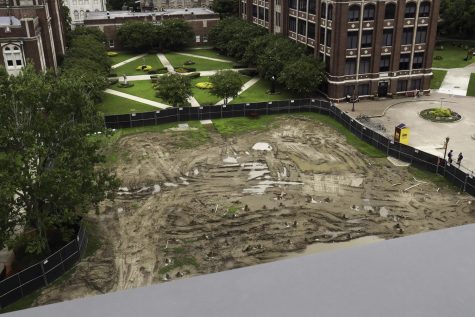 Aerial view of large construction site on Loyola campus