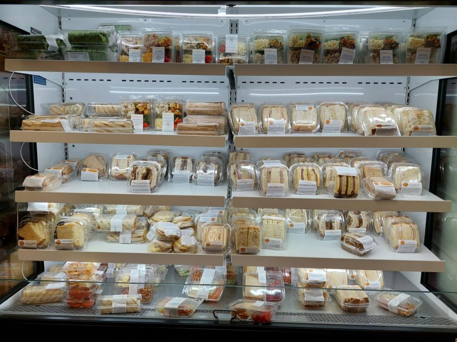 A cold case, located in Loyola's campus market in the Danna Center, which has different kinds of sandwiches, salads and wraps.