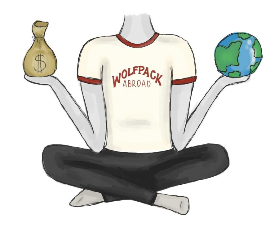 Illustration of a student sitting cross-legged and holding their arms up to display a money bag in one hand and a globe in the other.
