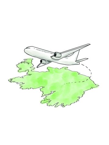 Drawing of a plane flying over a green Ireland