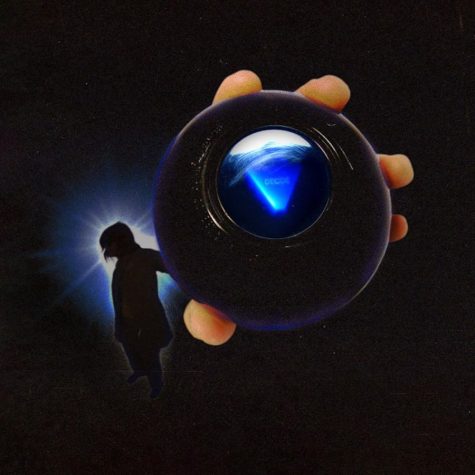 A shadow figure holds up an eight ball to the camera with the words DECIDE rising to the surface