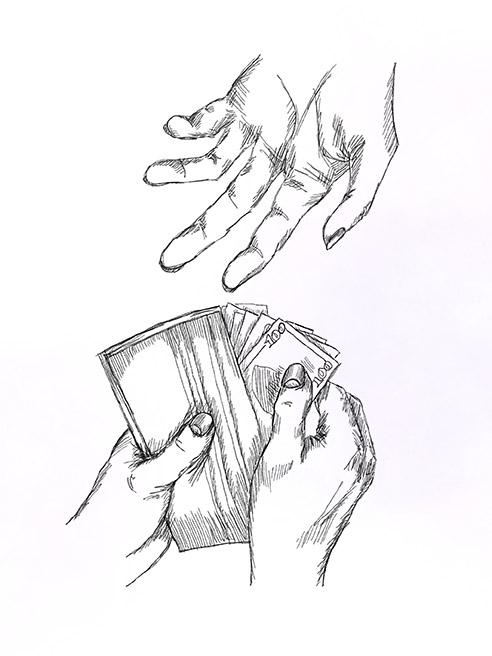 Illustration of a person taking money out of a wallet and handing it to someone else.