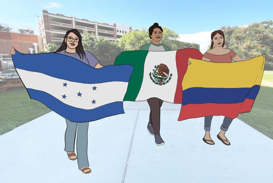 Students hold flags on campus