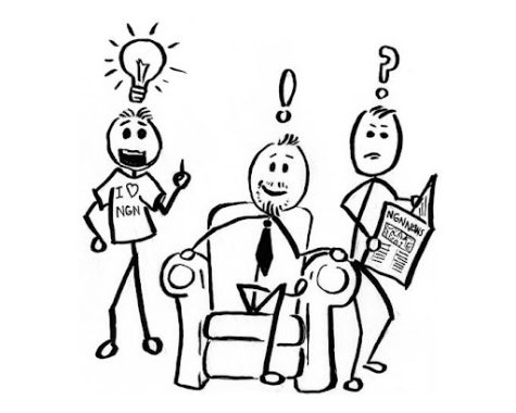 three stick figures with ideas above their head; one sits in chair