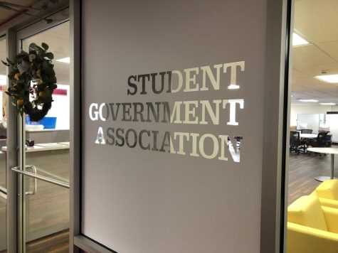 The sign outside Loyolas SGA office that reads Student Government Association.